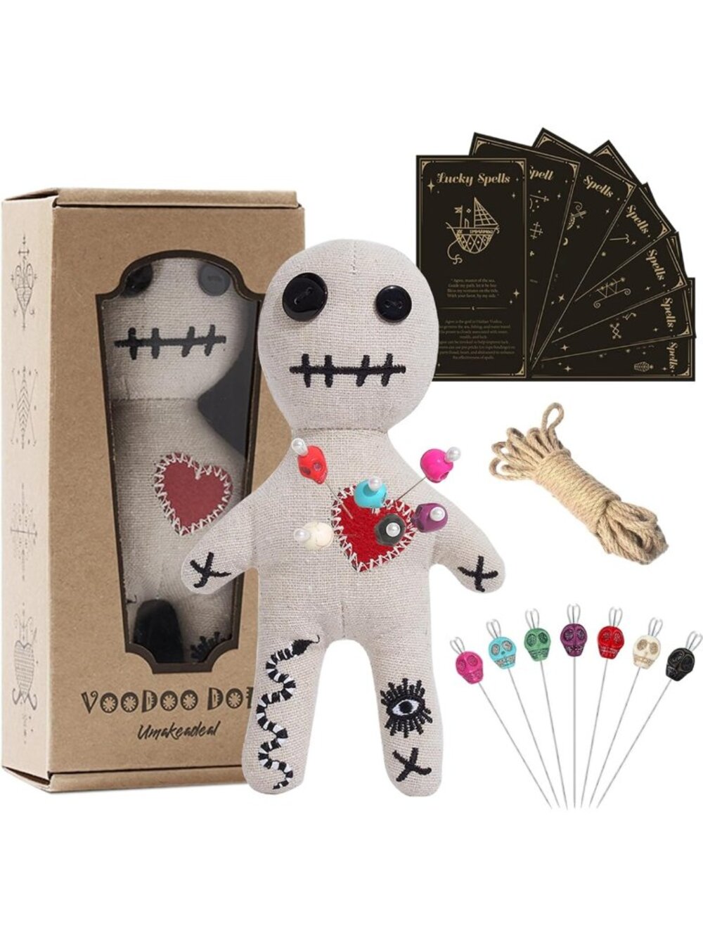 Voodoo Doll Kit with Spell Cards & 7 Stress Relief Pins for Relaxation & Fun